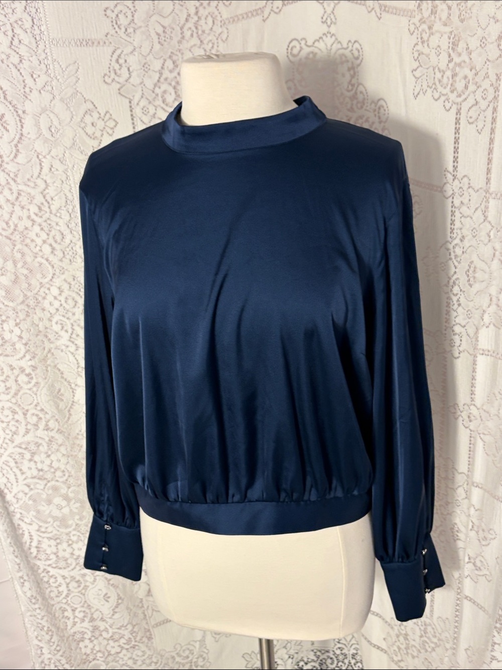 Express Navy Satin Mock-Neck Blouse
